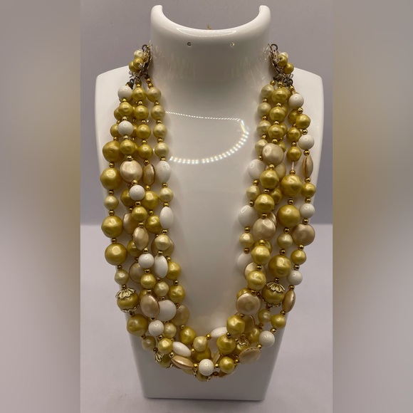 Vintage Signed Japan Multi Strand Beaded Necklace with Gold Tone Accents - Picture 2 of 12